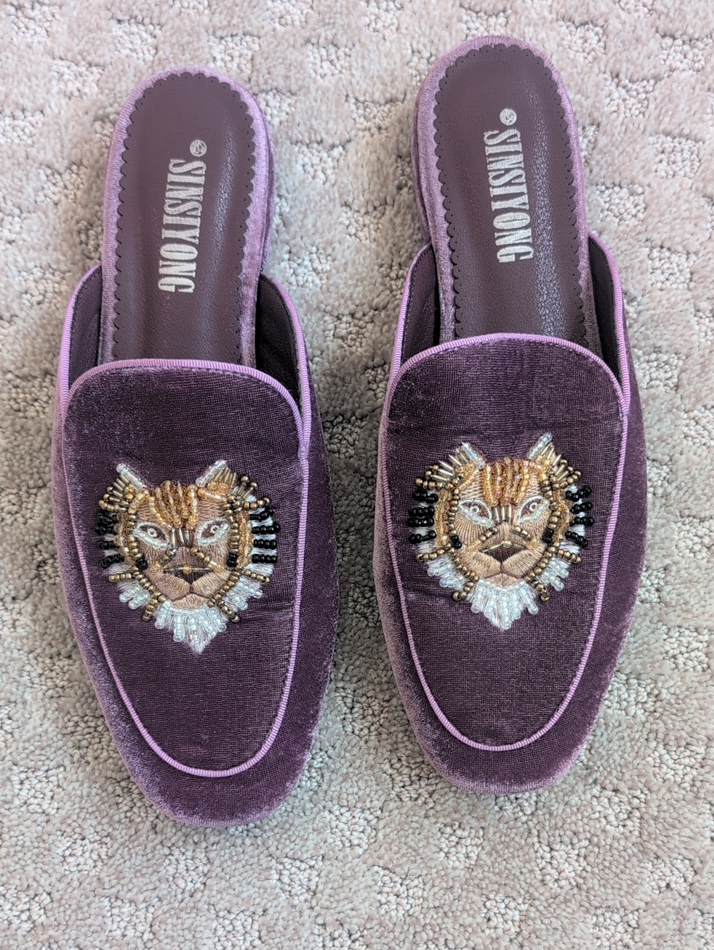 Velvet Embroidered Beaded Mule Slide Loafer Shoes